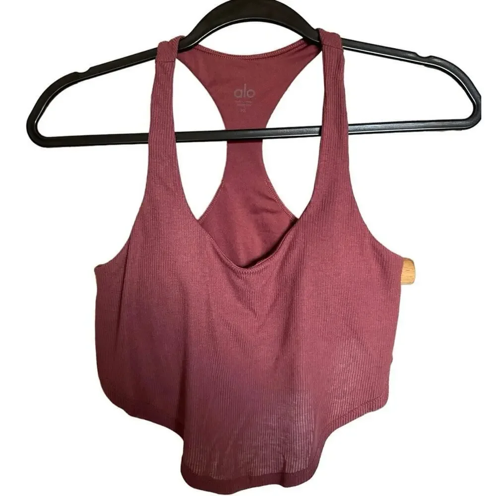Alo Yoga Knot Tank Cropped Bra Scoop Neck Racerback Ribbed In Pink Size XS